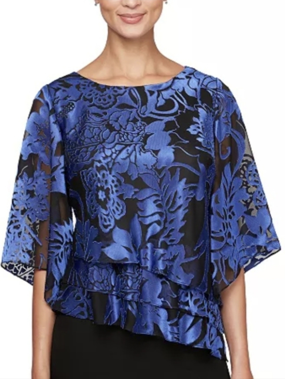 ALEX EVENING Blue Floral Overlay Asymmetric Women's Top,Size 2X